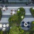 aerial view of a terrace with seating and a flowerbeds