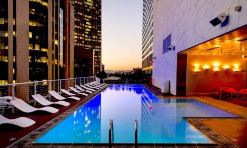 luxury rooftop pool overlooking Chicago skyline at sunset - Apartments with resort amenities
