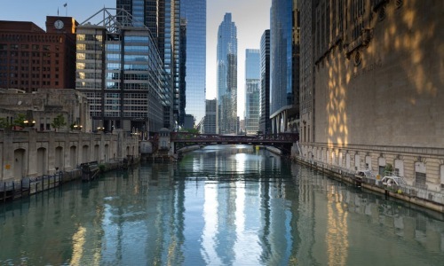 Chicago skyline and downtown apartment towers with river views