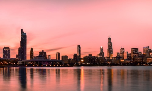 Chicago skyline at sunset with high-rise buildings - high rise downtown chicago