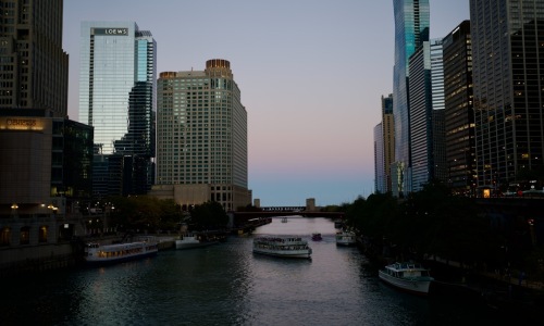 River North Chicago skyline along the Chicago River at dusk - river north chicago
